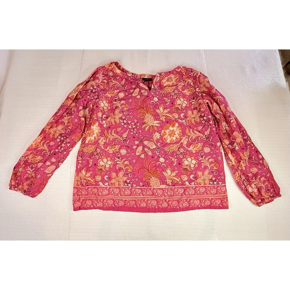 Talbots Petite pink floral cotton long sleeve blouse with split neckline